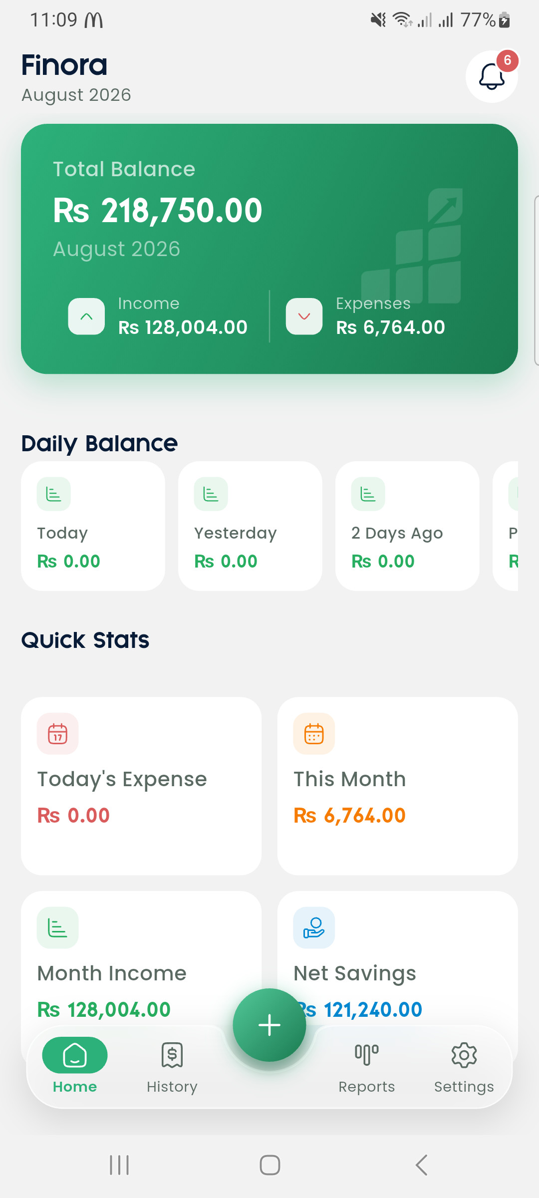 Finora dashboard with balance, daily balance, and quick stats